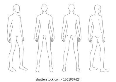 Fashion template of standing men. Gentlemen figure front, 3-4 and back view. Vector outline boy for fashion sketching and illustration.