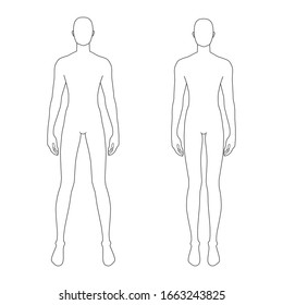 Fashion template of standing men in two poses. 9 head size for technical drawing. Gentlemen figure front view. Vector outline boy for fashion sketching and illustration.