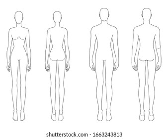 Fashion template standing men   women  9 head size for technical drawing  Gentlemen   lady figure front   back view  Vector outline boy   girl for fashion sketching   illustration 
