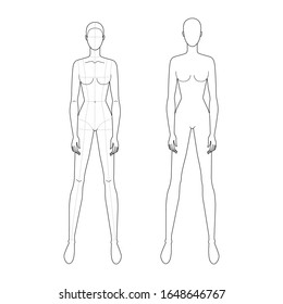 Fashion template of standing wide legs women with and without main lines. 9 head size for technical drawing. Lady figure front view. Vector outline girl for fashion sketching and illustration.