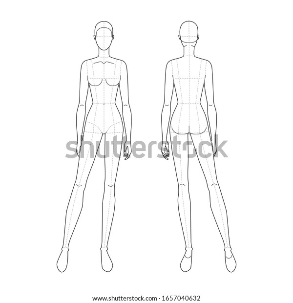 Fashion template of standing women. 9 head size for technical drawing