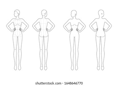 Fashion template of standing women looking left. 9 head size for technical drawing with and no main lines. Lady figure front and back view. Vector outline girl for fashion sketching and illustration.