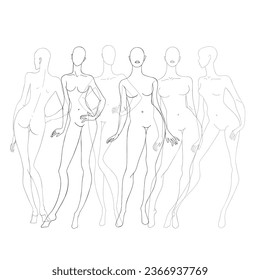 Fashion template for technical drawing. Vector outline girl model template for sketching and fashion illustration.