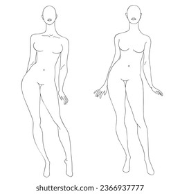 Plantilla de moda para dibujo técnico. Modelo de modelo de chica de contorno vectorial para bocetos e ilustración de moda.