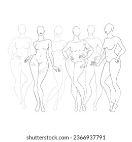 Plantilla de moda para dibujo técnico. Modelo de modelo de chica de contorno vectorial para bocetos e ilustración de moda.