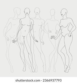 Plantilla de moda para dibujo técnico. Modelo de modelo de chica de contorno vectorial para bocetos e ilustración de moda.