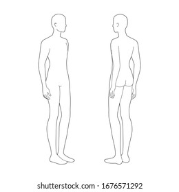Fashion template of two standing men. 9 head size for technical drawing. Gentlemen figure 3-4 front and back view. Vector outline boy for fashion sketching and illustration.