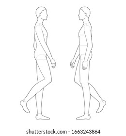 Fashion template of walking men. 9 head size for technical drawing with main lines. Gentlemen figure right and left side view. Vector outline boy for fashion sketching and illustration.