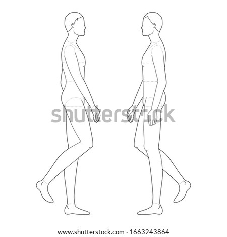 Fashion template of walking men. 9 head size for technical drawing with main lines. Gentlemen figure right and left side view. Vector outline boy for fashion sketching and illustration.