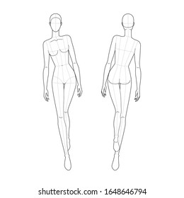 Fashion template of walking women. 9 head size for technical drawing with main lines. Lady figure front and back view. Vector outline girl for fashion sketching and illustration.