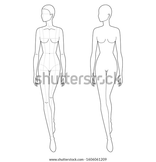 Fashion template of walking women. 9 head size for technical drawing