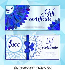 Fashion templates of gift vouchers in two versions with blue mandala pattern. Certificates for presents in cosmetics store or shop, beauty salons, yoga studios, massage cabinet. Vector illustration