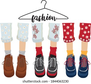 Fashion text. Vector hand drawn illustration of girls in sneakers. Creative artwork. Template for card, poster, banner, print for t-shirt, pin, badge, patch.