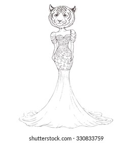 Fashion tiger. Human body with animal head. Can be used to design for wedding invitation, card, poster. Sketch bride. Hand drawn vector illustration. 