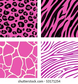 Fashion tiling pink animal print patterns. Animal print patterns of tiger, zebra, giraffe and leopard in pink color. Vector Illustration.