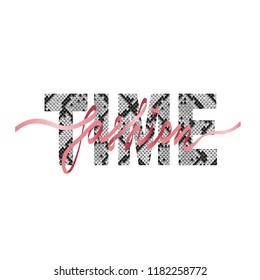 Fashion Time t-shirt animal fashion print on black background with pink ribbon. Pattern with lettering and snakeskin effect for tshirt and apparel graphics, poster, print, postcard.