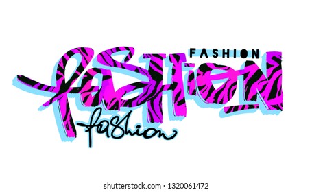 Fashion Time t-shirt doodle print in graffiti urban style.Trendy expressive ink artistic posrer, textile grunge tiger texture lettering design with  scrapes, watercolor blotted background