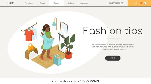 Fashion tips - modern colored isometric web banner on white background with copy space for text. Header with girl trying on a dress in front of a mirror in a fitting or dressing room. Shopping idea