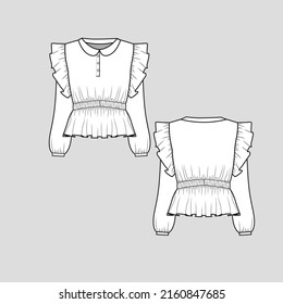 Fashion top Collar neck button panel Ruffles long Sleeve smocked cuff frill fashion waist gathering blouse t shirt Fashion flat sketch drawing template design vector