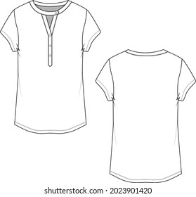 Fashion Tops Henley neck button placket  t-shirt blouse sketch technical drawing vector design