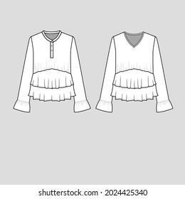 Fashion tops Layered Ruffles henley v neck long sleeve blouse flat sketch technical drawing vector design