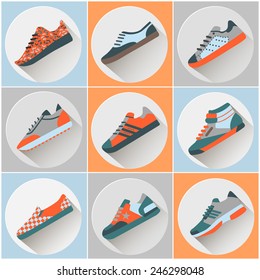 Fashion trainers icons set. Vectors signs of sports shoes. Colorful fashion modern flat shoe icons.