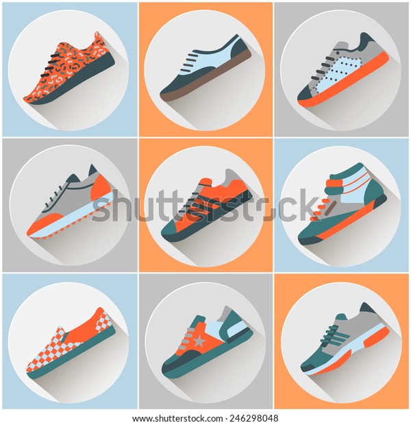 Fashion trainers icons set.
Vectors signs of sports shoes. Colorful fashion modern flat shoe
icons.