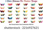 Fashion Trend 5 Color schemes guide palette 2023-24. An example of a color palette. Forecast of the future color trend. Easy to edit vector templates for your creative designs.