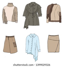 Fashion trend: asymmetry in clothes. Trendy trench coat, shirt, sweaters, skirts in pastel desert colours for traveling, business, holidays. Isolated objects on white background. Illustration.