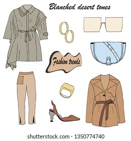 Fashion trend: blanched desert tones in clothes. Catwalk fashion: glamorous trenches, pants, shoes, bag, earrings, ring, sunglasses for spring and summer. Isolated objects on white background.