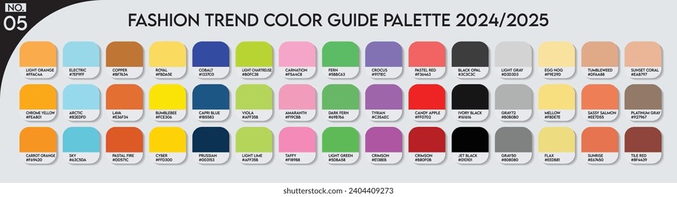 Paleta de guía de moda Trend Color 2024-25 no.05. Ejemplo de un vector de paleta de colores. Pronóstico del color futuro. paleta de colores para diseñadores de moda, empresas, prendas de vestir y pinturas de colores compañía