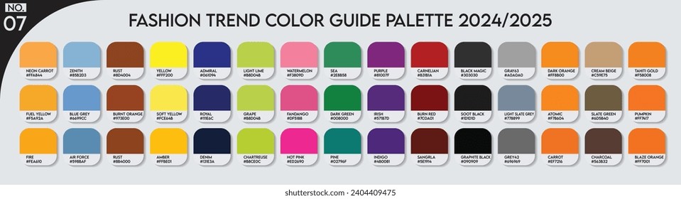 Fashion Trend Color guide palette 2024-25 no.07. An example of a color palette vector. Forecast of the future color. color palette for fashion designers, business, garments, and paints colors company