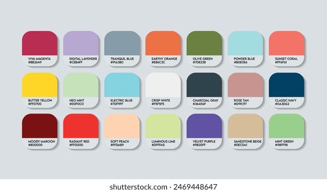 Fashion Trend Color Guide Palette with Color Names 02. Catalog Samples Fashion Trends with RGB HEX codes and Names. Fashion Trend Colors Palette Vector, Wood and Plastic Fashion Trend Color Palette