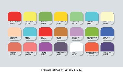 Fashion Trend Color Guide Palette with Color Names. Catalog Samples Fashion Trends with RGB HEX codes and Names. Colorful Paint Palette Vector, Wood, Plastic China Multicolor Color Palette Vector