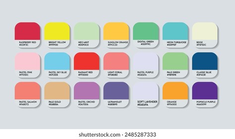 Fashion Trend Color Guide Palette mit Farbnamen. Katalog-Beispiele Modetrends mit RGB-HEX-Codes und Namen. Bunte Farbpalette Vektorgrafik, Holz, Kunststoff China Mehrfarbige Farbpalette Vektorgrafik