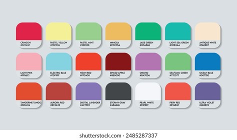 Fashion Trend Color Guide Palette with Color Names. Catalog Samples Fashion Trends with RGB HEX codes and Names. Colorful Paint Palette Vector, Wood, Plastic China Multicolor Color Palette Vector