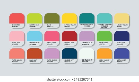 Fashion Trend Color Guide Palette with Color Names. Catalog Samples Fashion Trends with RGB HEX codes and Names. Colorful Paint Palette Vector, Wood, Plastic China Multicolor Color Palette Vector