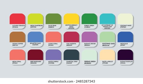 Fashion Trend Color Guide Palette with Color Names. Catalog Samples Fashion Trends with RGB HEX codes and Names. Colorful Paint Palette Vector, Wood, Plastic China Multicolor Color Palette Vector