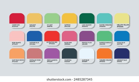 Fashion Trend Color Guide Palette with Color Names. Catalog Samples Fashion Trends with RGB HEX codes and Names. Colorful Paint Palette Vector, Wood, Plastic China Multicolor Color Palette Vector