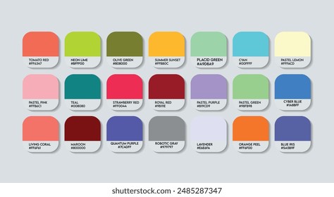 Fashion Trend Color Guide Palette with Color Names. Catalog Samples Fashion Trends with RGB HEX codes and Names. Colorful Paint Palette Vector, Wood, Plastic China Multicolor Color Palette Vector