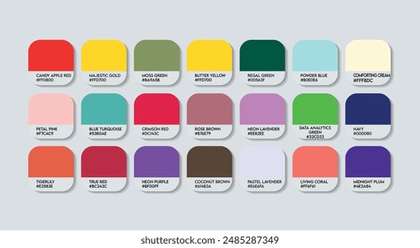 Fashion Trend Color Guide Palette with Color Names. Catalog Samples Fashion Trends with RGB HEX codes and Names. Colorful Paint Palette Vector, Wood, Plastic China Multicolor Color Palette Vector