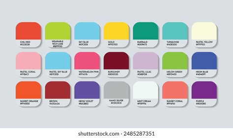 Fashion Trend Color Guide Palette with Color Names. Catalog Samples Fashion Trends with RGB HEX codes and Names. Colorful Paint Palette Vector, Wood, Plastic China Multicolor Color Palette Vector