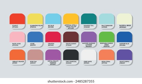 Fashion Trend Color Guide Palette with Color Names. Catalog Samples Fashion Trends with RGB HEX codes and Names. Colorful Paint Palette Vector, Wood, Plastic China Multicolor Color Palette Vector