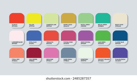 Fashion Trend Color Guide Palette with Color Names. Catalog Samples Fashion Trends with RGB HEX codes and Names. Colorful Paint Palette Vector, Wood, Plastic China Multicolor Color Palette Vector