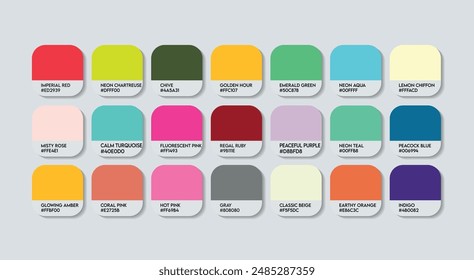 Fashion Trend Color Guide Palette with Color Names. Catalog Samples Fashion Trends with RGB HEX codes and Names. Colorful Paint Palette Vector, Wood, Plastic China Multicolor Color Palette Vector