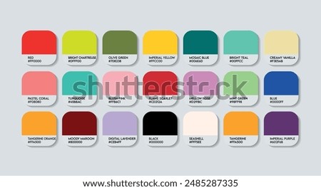 Fashion Trend Color Guide Palette with Color Names. Catalog Samples Fashion Trends with RGB HEX codes and Names. Colorful Paint Palette Vector, Wood, Plastic China Multicolor Color Palette Vector