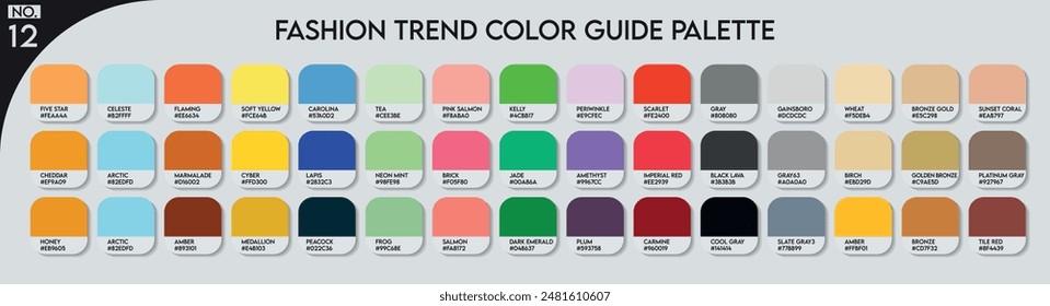 Paleta de colores de moda. Paleta de la guía de color de la tendencia de moda No 12. Ejemplo de un Vector de tonos de color. Pronóstico de los colores futuros. Catálogo Muestras de Colores para Negocios de Pintura, prendas, Artes