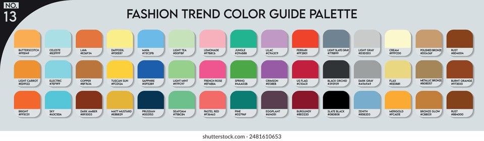 Paleta de colores de moda. Paleta de la guía de color de la tendencia de moda No 13. Ejemplo de un Vector de tonos de color. Pronóstico de los colores futuros. Catálogo Muestras de Colores para Negocios de Pintura, prendas, Artes