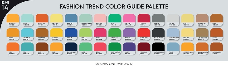 Fashion Trend Color Palette. Fashion Trend Color Guide Palette No 14. An example of a colour tones vector. Forecast of the future colors. Catalog Samples of Colors for Paint Businesses, garments, Arts