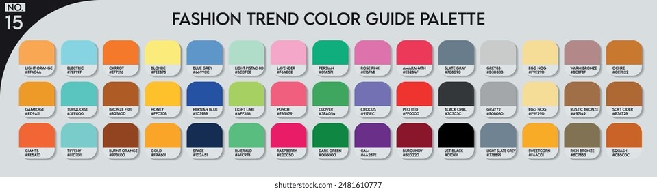 Fashion Trend Color Palette. Fashion Trend Color Guide Palette No 15. An example of a colour tones vector. Forecast of the future colors. Catalog Samples of Colors for Paint Businesses, garments, Arts